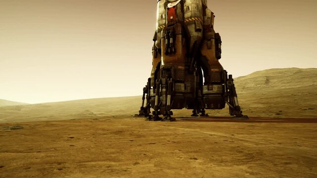 A rover stands on the dusty surface of Mars, its robotic legs firmly planted. The reddish landscape stretches out under a fading sky, hinting at the mysteries ahead.