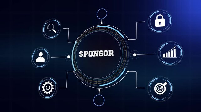 Business sponsorship and strategic marketing visualization, modern data hud with glowing blue icons, seamless abstract animation footage for professional brand projects