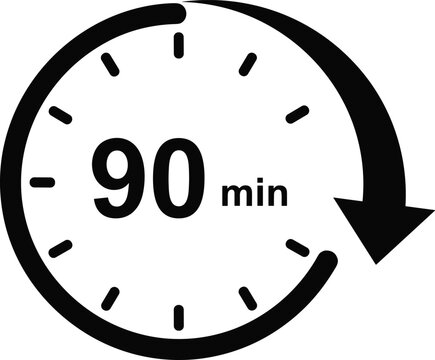 Stopwatch timer icon, 90 minute countdown clock, time duration productivity symbol, schedule planning vector design illustration