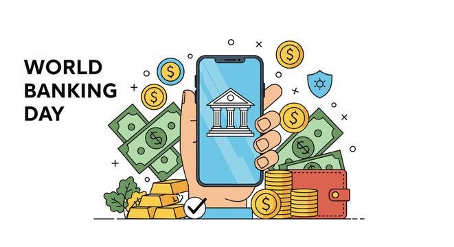 World banking day celebration featuring hand holding smartphone for mobile finance near cash gold bars and overflowing wallet.