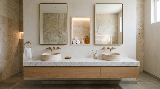 Front-facing perspective of an upscale spa bathroom with sink, mirror, brass fixtures, stone surfaces, towel, and niche arranged