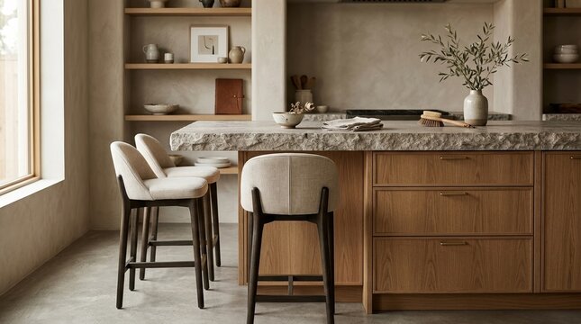 Close-up vignette of a stone island with oak cabinetry and stools in front of a styling wall, softly lit to form a sleek modern