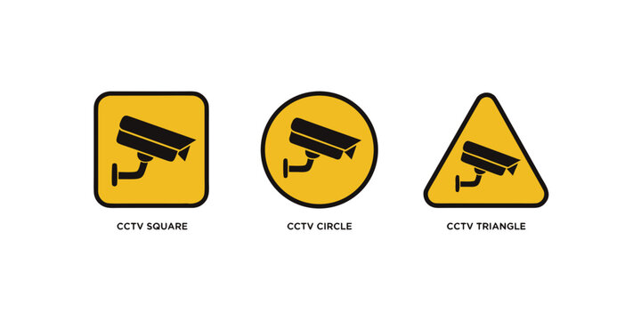 Three yellow warning signs, each with a black CCTV camera icon. The signs differ in shape one is a square, one a circle, and one a triangle while all convey the same surveillance message.