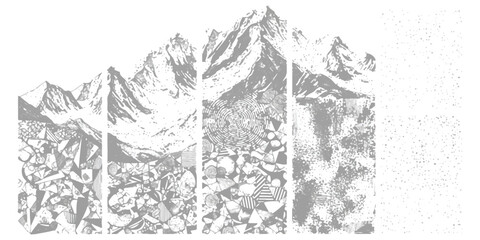 Obraz premium A stylized artistic depiction of a mountainous landscape rendered in four distinct vertical panels