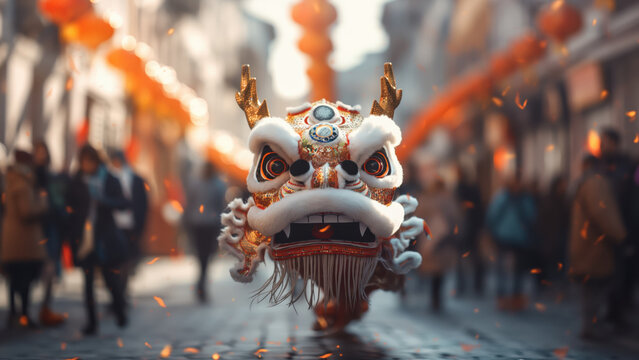 Lion dance head on street with lanterns. Lunar New Year festival concept.