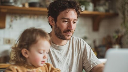 Fototapeta premium Father and his young daughter in a kitchen. the father is sitting at a kitchen counter with a laptop in front of him. he is wearing a beige t-shirt and has a beard.