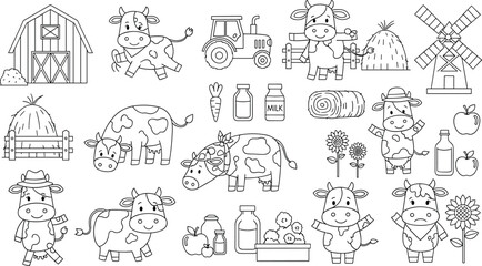 Obraz premium Farm and Cow Illustration Icons Set Featuring Barns, Milk Bottles, and Tractor Designs for Websites, Apps, and Digital Media