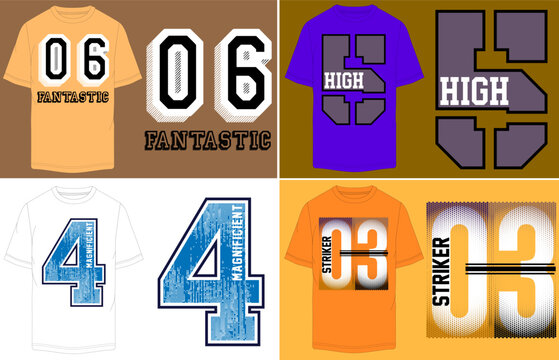 Athletic varsity t-shirt graphics collection, collegiate sports numbers and typography set, vintage jersey apparel design vectors