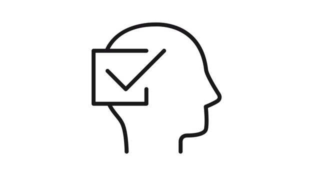 Minimalist black vector icon of a human head profile with a checkmark inside a checkbox, representing decision making, mental clarity, positive thinking, and psychological health illustration.