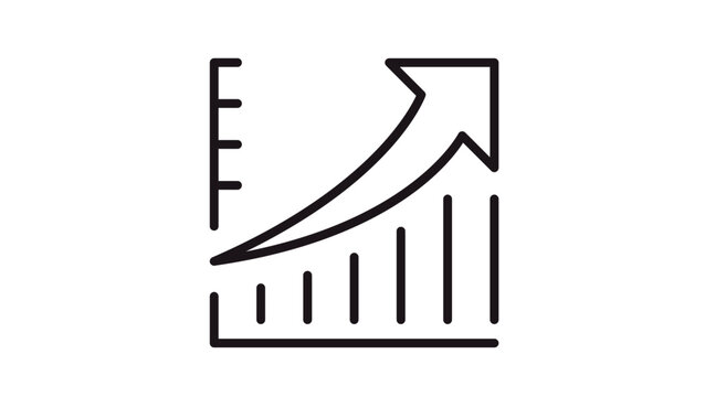 Business growth and success vector icon featuring a bar chart with an upward-pointing arrow, representing financial progress, data analysis, and economic development, black line illustration.