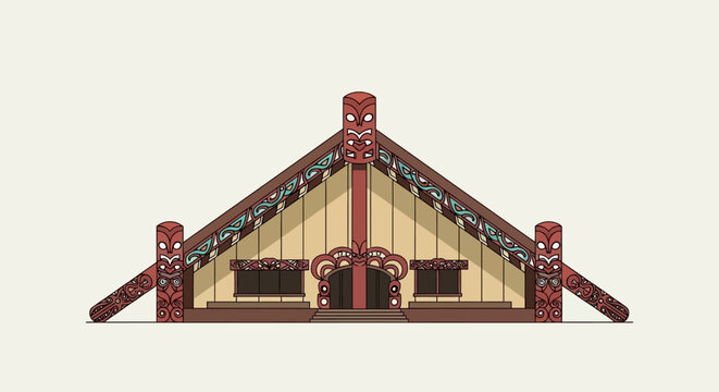 Traditional Maori Meeting House Wharenui Architectural Illustration.