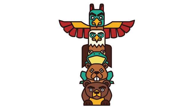 Colorful hand drawn native american wooden totem pole illustration.