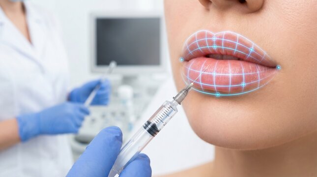 Close-up of a lip filler procedure: syringe near lips with digital grid overlay showing injection points.