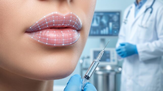 A close-up of a person receiving a cosmetic lip injection, likely dermal fillers.