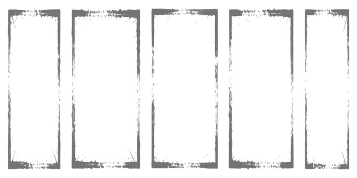 A series of five identical vertical rectangular frames with textured dark grey distressed edges.