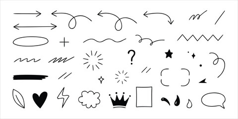 Fototapeta premium Hand drawn doodle elements vector set isolated on white background. Arrows lines shapes icons for design and decoration. Editable sketch collection for creative projects and social media.