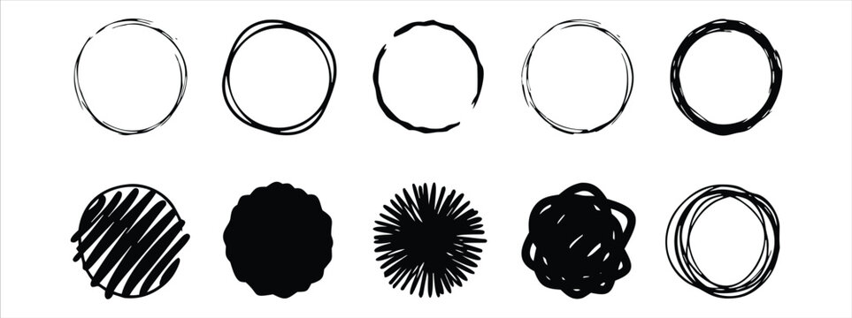 Hand drawn circle frame vector set isolated on white background. Ink brush rings and abstract round shapes for design accents. Editable sketch collection for logo, stamp, and decoration.