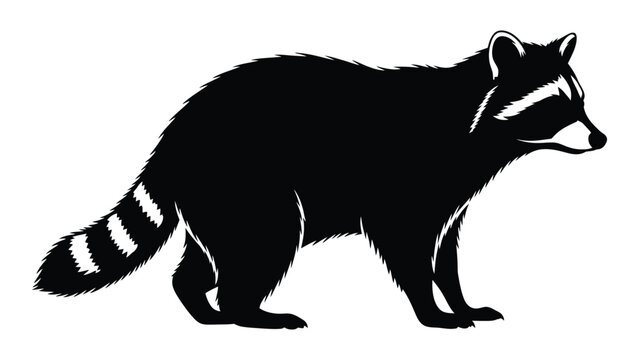 A striking black and white silhouette of a raccoon in a walking posture