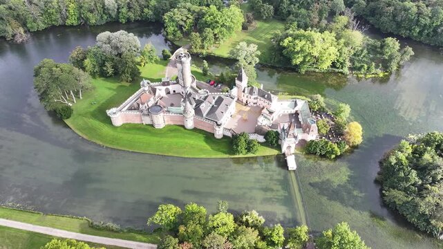 Drone panorama of Franzensburg castle and surroundings.
