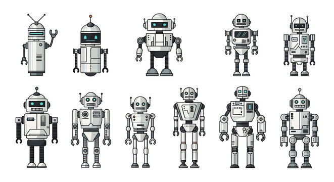 Collection of stylized robot illustrations in various designs isolated on white