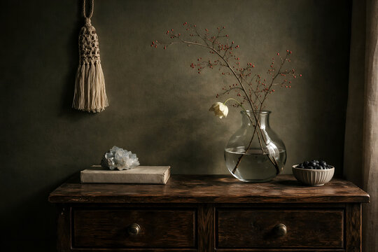 Moody dark academia still life with a glass vase of branches, a bowl of blueberries, and a crystal on a vintage wooden dresser