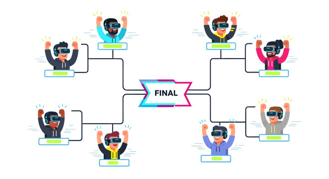 tournament bracket chart with cartoon people and final winner