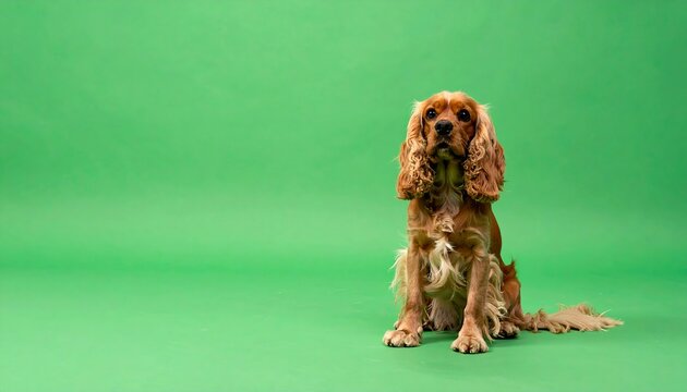 Brown cocker spaniel dog sits centrally on a bright green background, looking forward intently