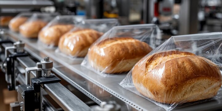 Freshly baked bread loaves in clear packaging on production line at a bakery early in the morning