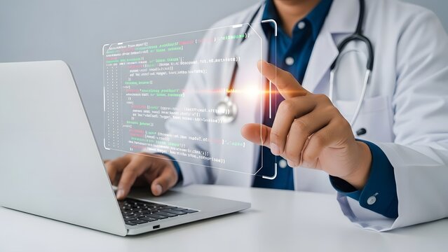Male doctor in a white lab coat and stethoscope is interacting with a futuristic holographic screen displaying complex medical data and algorithms.