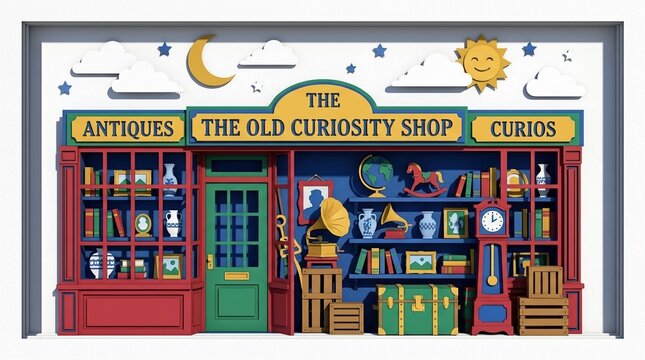 depth. The background is clean white paper with floating paper clouds and element (sun, moon, stars). The lighting is bright and