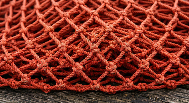 Close-up texture of a thick orange and red woven rope fishing net with tied knots
