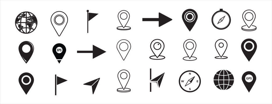 Black and white set of various navigation icons featuring map pins, globes, compasses, and arrows.