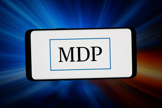 Stuttgart, Germany - 04-08-2026: In this photo illustration, the logo of company Madison Dearborn Partners LLC (MDP) is displayed on a smartphone in front of abstract background on computer screen.