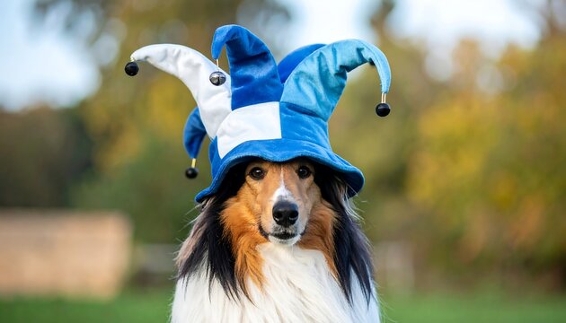 Brown collie with long fur wears a whimsical blue and white jester hat with bells against an autumnal backdrop