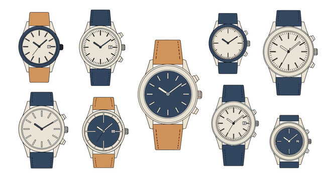 Collection of elegant wristwatches with leather straps isolated on white