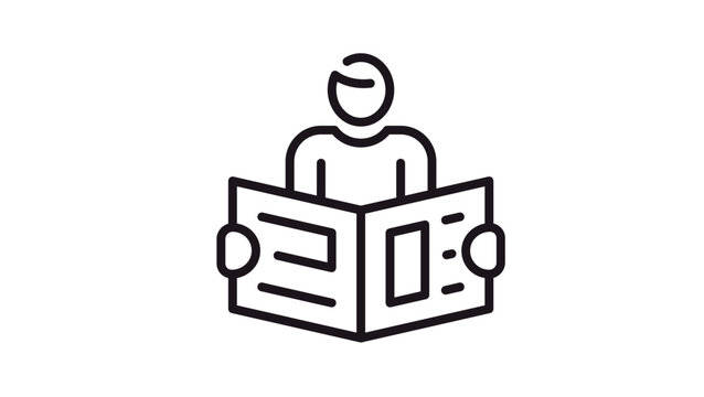 Minimalist black line art vector icon illustration of a person reading a newspaper, featuring a silhouette of a man holding an open broadsheet paper for news, media, and information concepts.