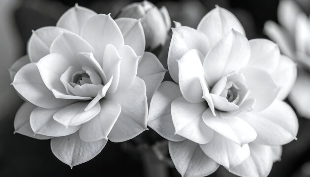 BW close-up captures two layered blooms, showcasing intricate petal structure and delicate textures against a blurred backdrop