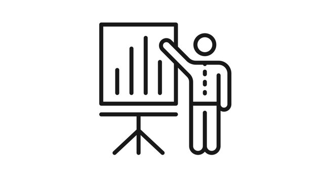 Black line vector icon of a businessman or teacher giving a presentation using a flipchart with a bar graph, representing business growth, education, data analysis, and professional training.