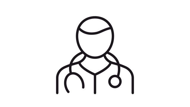 Minimalist black line vector icon illustration of a doctor or medical professional wearing a stethoscope, representing healthcare, medicine, physician services, and clinical hospital care.