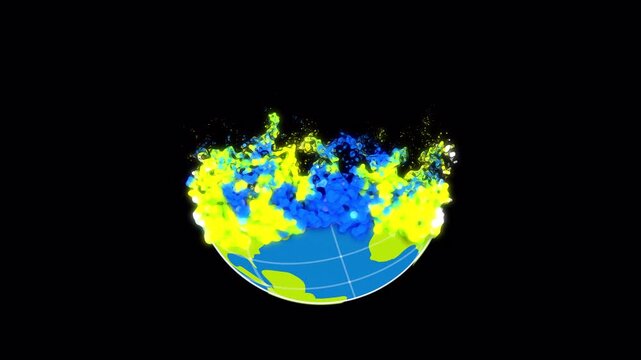 A stylized flat design of a dissolving globe. The planet gradually disintegrates into colorful, dynamic splashes. Concept for sustainable development, global issues, and ecology, for educational conte