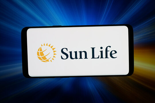 Stuttgart, Germany - 04-08-2026: In this photo illustration, the logo of Canadian company Sun Life Financial Inc. is displayed on a smartphone in front of abstract background on computer screen.