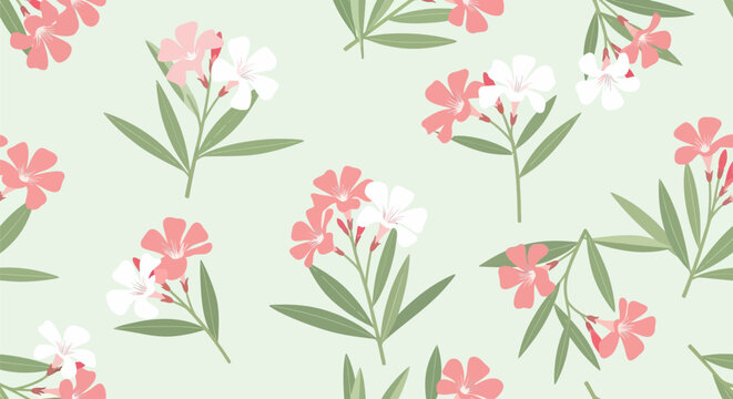 Seamless pattern with beautiful pink and white oleander flowers.
