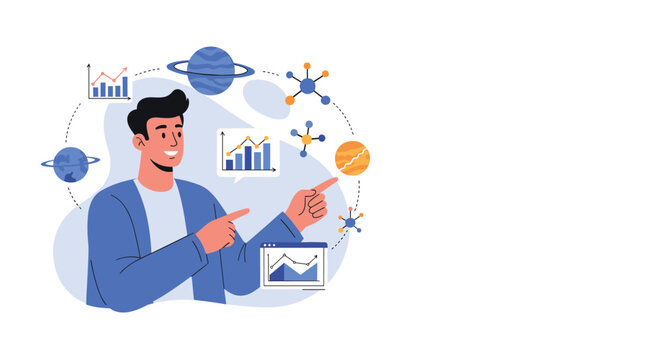 Analyst pointing toward floating digital data charts, network icons, and planetary models in a conceptual business environment.