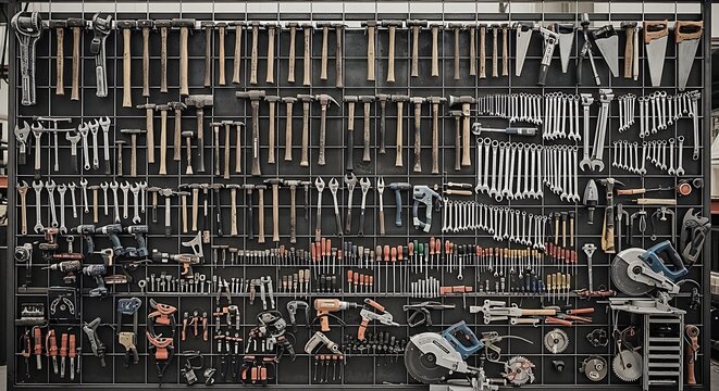A large collection of various tools hanging on a black pegboard wall in a workshop or garage setting with many organized