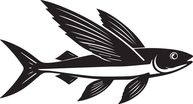 minimalist black and white flying fish silhouette over ocean waves vector illustration