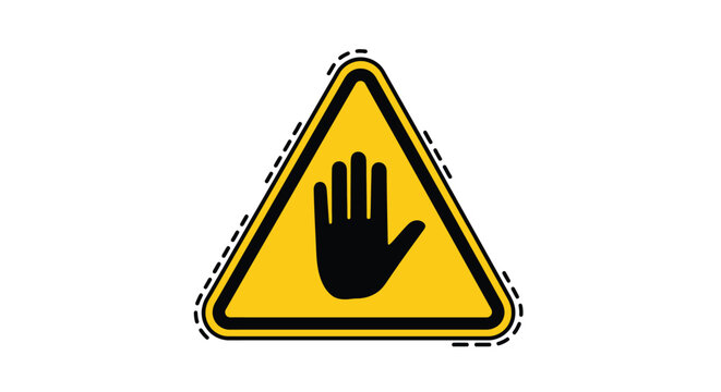 Professional yellow triangular stop sign vector illustration featuring a bold black hand palm symbol inside it