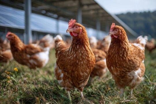 Chickens walk around in a sunny farm field near a barn while others forage for food and interact with each other