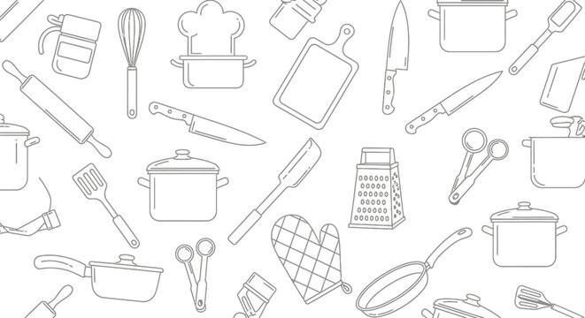 Culinary tools outline pattern on white background for design resources