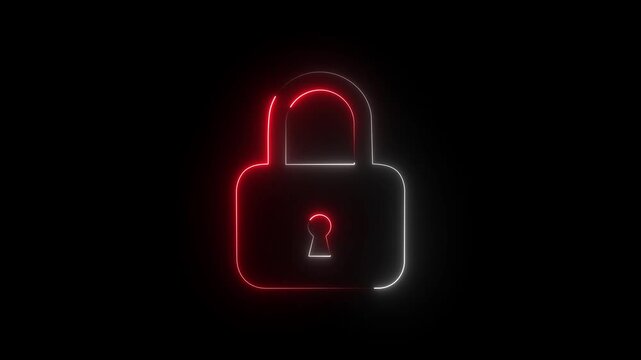 Neon padlock icon in red and white glow, secure lock symbol for privacy and data protection.