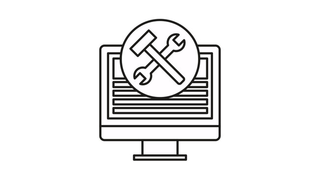 Computer Repair and Technical Support Vector Icon Illustration Featuring a Desktop Monitor with Crossed Hammer and Wrench Tools Symbol for IT Maintenance, System Troubleshooting, and Service.